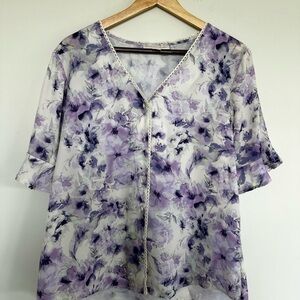 Purple and Gray Bell Sleeve Blouse with Notched Collar